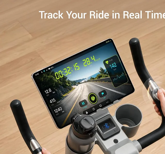 Magnetic exercise bike console and device holder