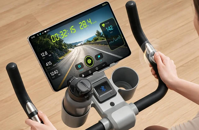 Magnetic exercise bike console and device holder